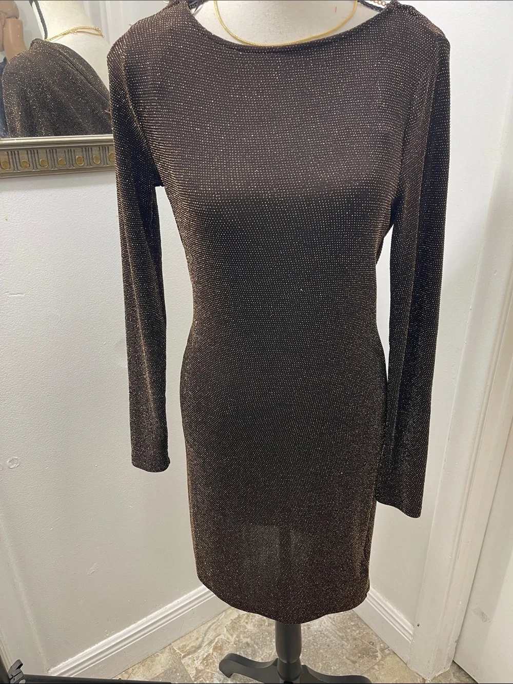 Michael KORS Womens Shimmer Long-Sleeve Bodycon Dress - Brown
